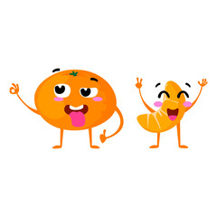 Mandarin. Cute fruit vector character couple isolated on white background. Funny emoticons faces. Vector illustration. Vector clip art.