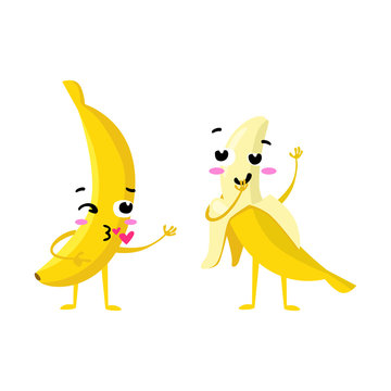 banana. Cute fruit vector character couple isolated on white background. Funny emoticons faces. Vector illustration. Vector clip art.