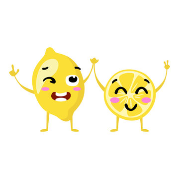 Lemon. Cute fruit vector character couple isolated on white background. Funny emoticons faces. Vector illustration. Vector clip art.