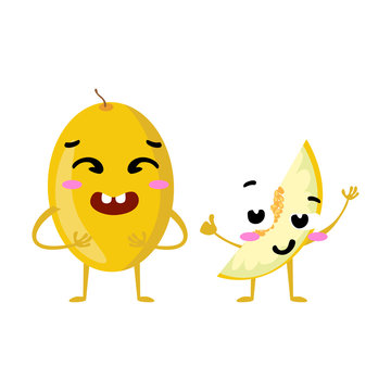 Melon. Cute fruit vector character couple isolated on white background. Funny emoticons faces. Vector illustration. Vector clip art.