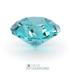 Shiny realistic 3d blue diamond isolated on white background, front view, vector illustration