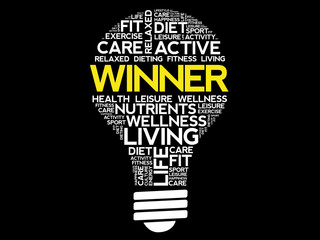 WINNER bulb word cloud collage, health concept background