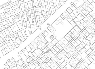 Imaginary cadastral map of territory with buildings and roads without names. Example cadastral plan. Urban planning background - obrazy, fototapety, plakaty