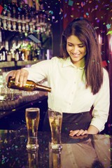 Composite image of female bartender pouring beer into glasses