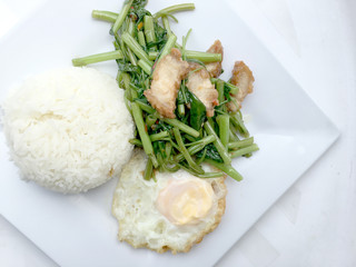 Stir Fried Water Spinach with chili and soy sauce and crispy pork on white dish isolated on white background, Thai Food.