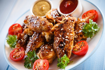 Grilled chicken wings and vegetables