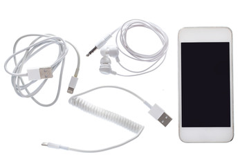 Mobile phone. Smartphone. Accessories. Headphones. Modern technologies.