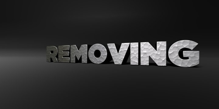 REMOVING - hammered metal finish text on black studio - 3D rendered royalty free stock photo. This image can be used for an online website banner ad or a print postcard.
