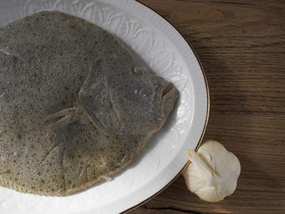 Turbot in a plate with garlic on wood background