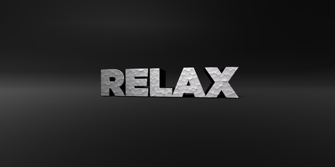 RELAX - hammered metal finish text on black studio - 3D rendered royalty free stock photo. This image can be used for an online website banner ad or a print postcard.