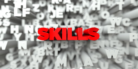 SKILLS -  Red text on typography background - 3D rendered royalty free stock image. This image can be used for an online website banner ad or a print postcard.
