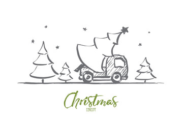 Vector hand drawn Christmas concept sketch. Smebody taking Christmas tree form forest by car. Lettering Christmas concept