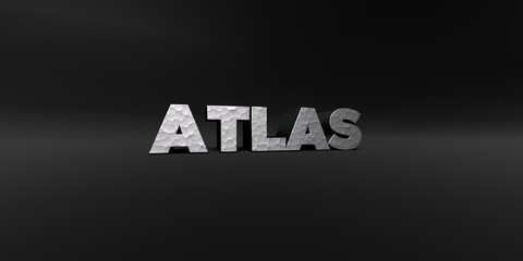 ATLAS - hammered metal finish text on black studio - 3D rendered royalty free stock photo. This image can be used for an online website banner ad or a print postcard.