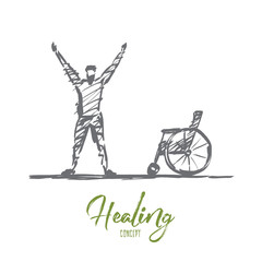Vector hand drawn healing concept sketch. Happy man standing under the Sun and holding needless crutches on raised hands. Lettering Healing concept