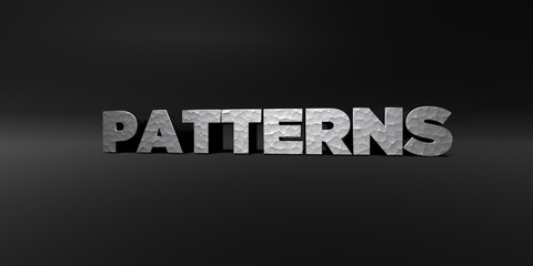 PATTERNS - hammered metal finish text on black studio - 3D rendered royalty free stock photo. This image can be used for an online website banner ad or a print postcard.
