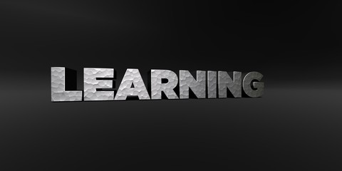LEARNING - hammered metal finish text on black studio - 3D rendered royalty free stock photo. This image can be used for an online website banner ad or a print postcard.