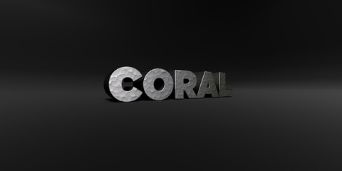 CORAL - hammered metal finish text on black studio - 3D rendered royalty free stock photo. This image can be used for an online website banner ad or a print postcard.