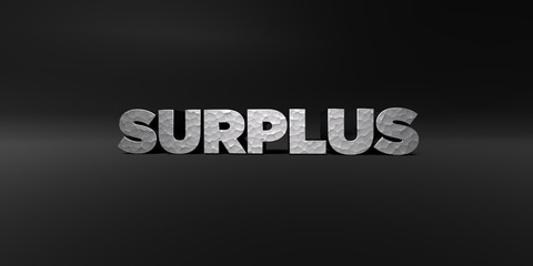 Fototapeta premium SURPLUS - hammered metal finish text on black studio - 3D rendered royalty free stock photo. This image can be used for an online website banner ad or a print postcard.