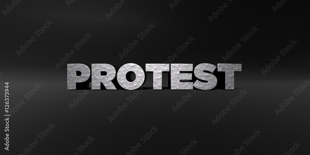 Fototapete protest - hammered metal finish text on black studio - 3d rendered royalty free stock photo. this im