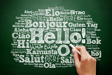 Hello word cloud in different languages of the world, education business concept on blackboard