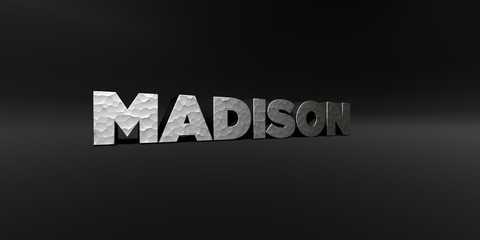 MADISON - hammered metal finish text on black studio - 3D rendered royalty free stock photo. This image can be used for an online website banner ad or a print postcard.