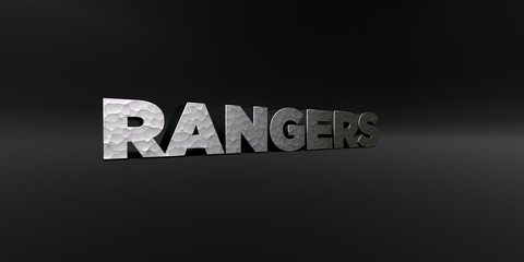 RANGERS - hammered metal finish text on black studio - 3D rendered royalty free stock photo. This image can be used for an online website banner ad or a print postcard.