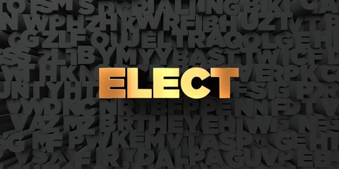 Elect - Gold text on black background - 3D rendered royalty free stock picture. This image can be used for an online website banner ad or a print postcard.