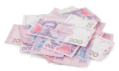 Pile of Ukrainian money in denomination 200 UAH. isolated.