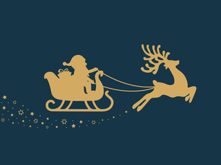 gold santa sleigh stars blue background