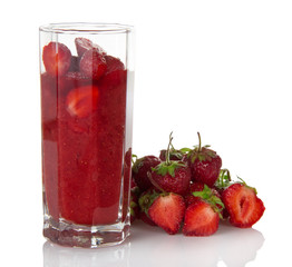 Pile strawberries in glass strawberry puree with slices isolated.