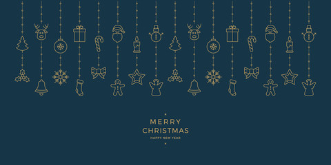 christmas gold icon elements hanging blue background