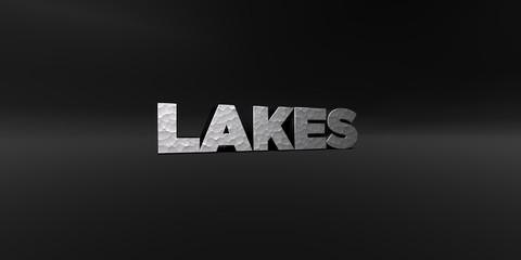 LAKES - hammered metal finish text on black studio - 3D rendered royalty free stock photo. This image can be used for an online website banner ad or a print postcard.