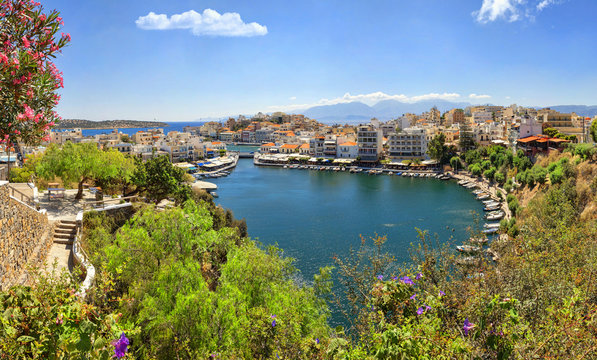 Panorama of Agios Nikolaos and Voulismeni lake in Crete island,