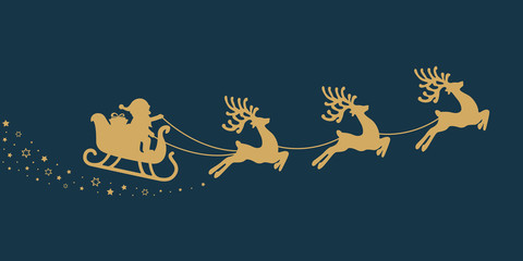gold santa sleigh stars blue background