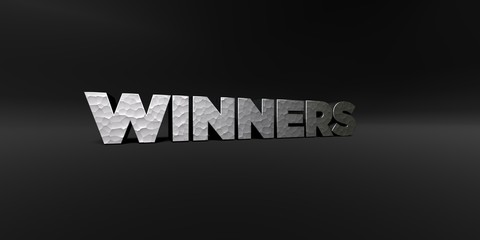 WINNERS - hammered metal finish text on black studio - 3D rendered royalty free stock photo. This image can be used for an online website banner ad or a print postcard.
