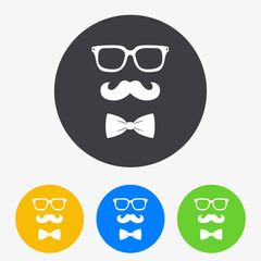 Icono plano bigote gafas y pajarita hipster en circulo varios colores