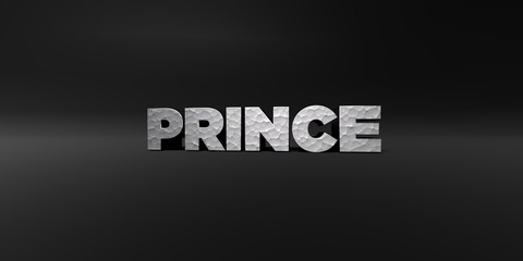 PRINCE - hammered metal finish text on black studio - 3D rendered royalty free stock photo. This image can be used for an online website banner ad or a print postcard.