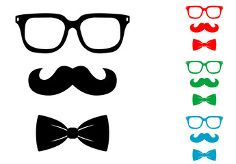 Icono plano bigote gafas y pajarita hipster varios colores - obrazy, fototapety, plakaty