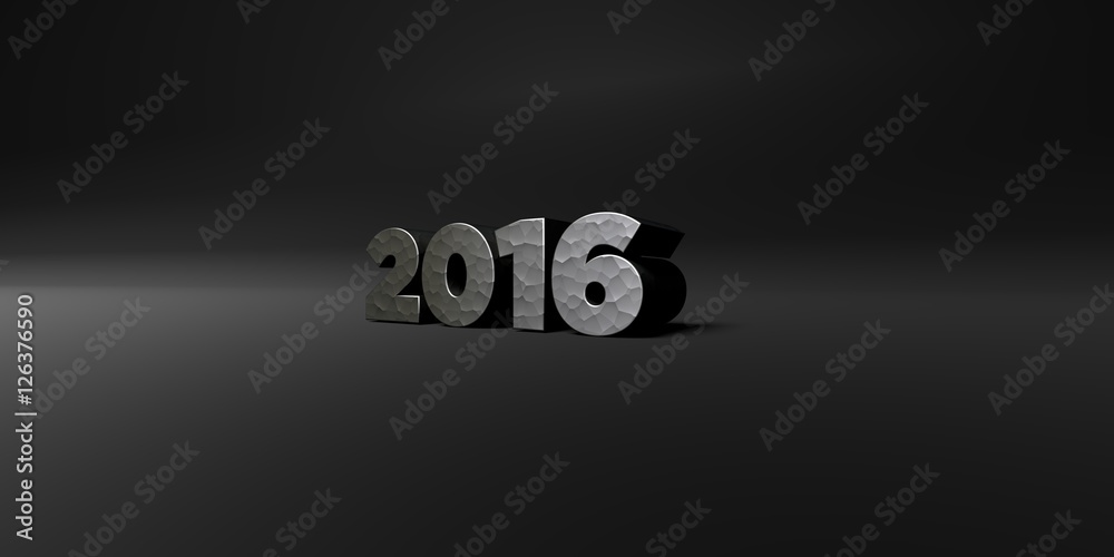 Fototapete 2016 - hammered metal finish text on black studio - 3d rendered royalty free stock photo. this image