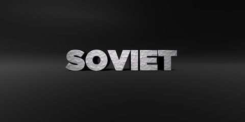 SOVIET - hammered metal finish text on black studio - 3D rendered royalty free stock photo. This image can be used for an online website banner ad or a print postcard.