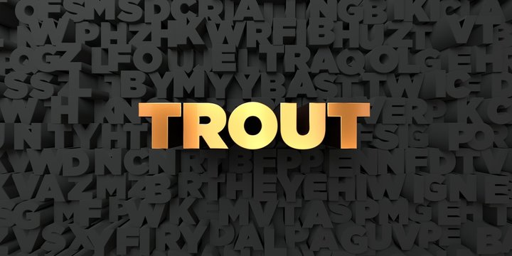 Trout - Gold text on black background - 3D rendered royalty free stock picture. This image can be used for an online website banner ad or a print postcard.