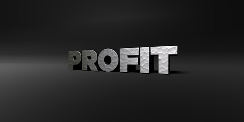 PROFIT - hammered metal finish text on black studio - 3D rendered royalty free stock photo. This image can be used for an online website banner ad or a print postcard.