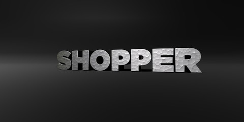 SHOPPER - hammered metal finish text on black studio - 3D rendered royalty free stock photo. This image can be used for an online website banner ad or a print postcard.