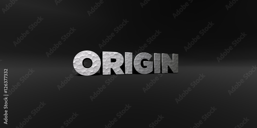 Fototapete origin - hammered metal finish text on black studio - 3d rendered royalty free stock photo. this ima