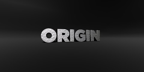 ORIGIN - hammered metal finish text on black studio - 3D rendered royalty free stock photo. This image can be used for an online website banner ad or a print postcard.