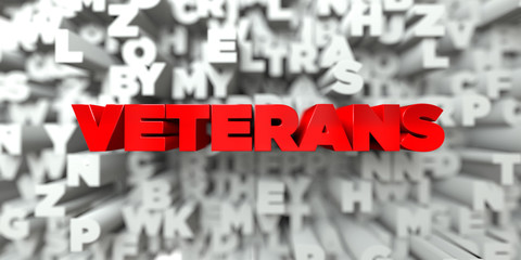 VETERANS -  Red text on typography background - 3D rendered royalty free stock image. This image can be used for an online website banner ad or a print postcard.