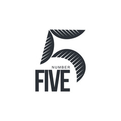 Black and white sketch style number five logo template, vector illustration isolated on white background. Black and white number five hand drawn graphic logotype