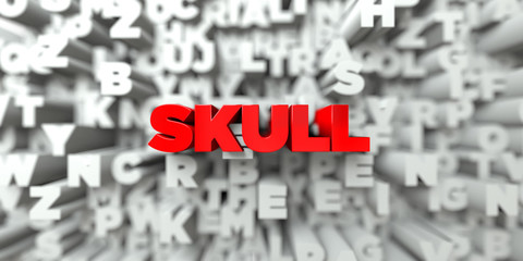 SKULL -  Red text on typography background - 3D rendered royalty free stock image. This image can be used for an online website banner ad or a print postcard.