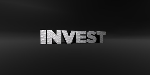 INVEST - hammered metal finish text on black studio - 3D rendered royalty free stock photo. This image can be used for an online website banner ad or a print postcard.