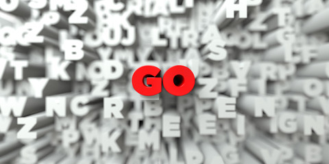 GO -  Red text on typography background - 3D rendered royalty free stock image. This image can be used for an online website banner ad or a print postcard.